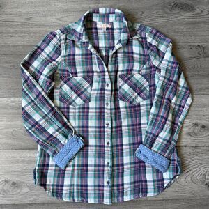 Skies Are Blue | Plaid Button Down with Polka Dot Contrast Cuffs - Size‎ Medium